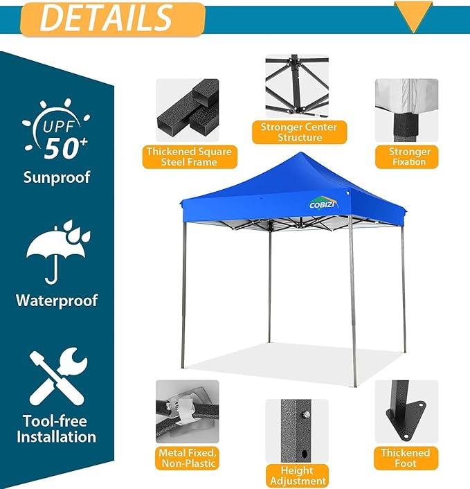 COBIZI 6.6x6.6 Pop Up Canopy Without Sidewall,Heavy Duty Canopy UPF 50+ All Season Wind Waterproof Commercial Outdoor Party Tents for Parties Canopy Gazebo with Storage Bag(6.6 x 6.6 ft Blue)