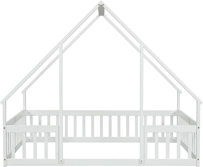 Bellemave Full Floor Bed for Kids, Girls, Boys, Wood House Bed Frame, House Floor Bed for Kids, Full Size Montessori Floor Bed with Fence, Playhouse, White