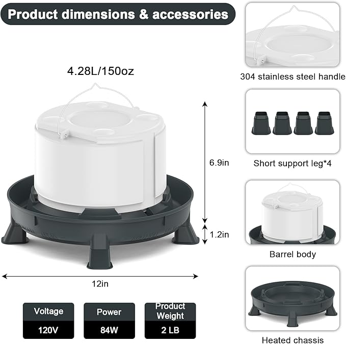 4.28L Heated Chicken Waterer - Winter Freeze-Proof Heated Poultry Waterer, 84W Hanging Chicken Water Heater with 4 Detachable Leg Support, Poultry Water Fountain for Chickens, Ducks（Round）