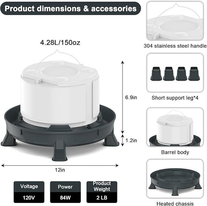 4.28L Heated Chicken Waterer - Winter Freeze-Proof Heated Poultry Waterer, 84W Hanging Chicken Water Heater with 4 Detachable Leg Support, Poultry Water Fountain for Chickens, Ducks（Round）