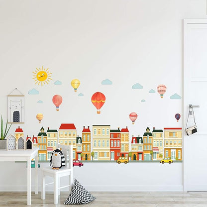 Cartoon City Wall Decals, Whimsical Hot Air Balloons, Houses, Animals, Rainbow, Sun, Clouds Design, Removable Vinyl Stickers for Kids Room, Nursery, Bedroom, Playroom Decor (Colorful-02)