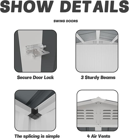 10x8 FT Outdoor Storage Shed with Foundation,Metal Aluminum Tool Sheds,Heavy-Duty Sheds with Sloped Roof, Air Vent and Hinge Doors,Garden Shed Bike Shed for Backyard Patio Lawn,Cream White
