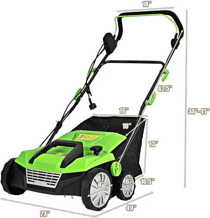 Goplus 2-in-1 Electric Corded Lawn Dethatcher with 5 Cutting Heights, 15-Inch 13 Amp Electric Scarifier w/ 13.5 Gallon Collection Bag, 2 Removable Blades for Garden Yard