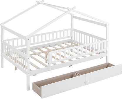 Full House Bed with 2 Storage Drawers, Kids Full Bed Frame with Rails and Roof, Tent Bed, Wooden Full Daybed, Full Montessori Bed for Kids Teens Girls & Boys, No Box Spring Needed (White)