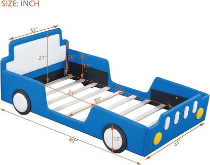 Merax Twin Race Car Platform Bed with Wheels,PU Leather Car Bed Frame for Boys Twin Size,Kids Bed Frame with Headboard,Fits Standard Twin Mattress(No Mattress)
