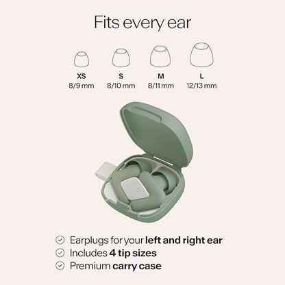 Alpine Silence Earplugs for Sleep, Focus & Travel - V-Shape Snug Fit & Soft Oval Tips – 4 Sizes XS/S/M/L - Comfortable, Reusable Hearing Protection - 22dB – Green