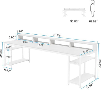 Tribesigns Two Person Desk with Monitor Stand, 78.74" Long Double Computer Office Desk with Storage Shelves, Large Gaming Desk Study Writing Table Workstation for Home Office (White)
