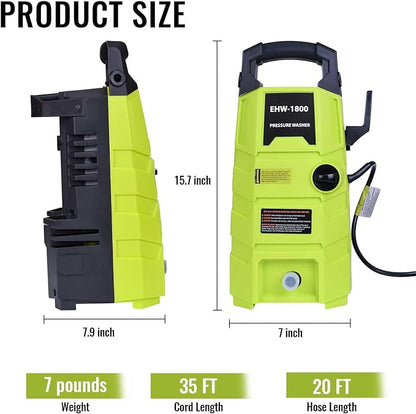 Electric Pressure Washer, 1800PSI 1.6GPM Portable Power Washer with 20FT Hose & 35FT Power Cord, Two Nozzles, 0.4L Soap Bottle for Car Driveways Patio Garden