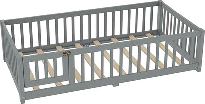 Harper & Bright Designs Twin Floor Bed Frame with Safety High Fence, Wood Montessori Bed with Door, Twin Size Floor Beds with Solid Wood Support Slats for Boys, Girls, Kids, Gray