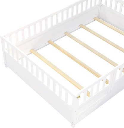 Bellemave Full Floor Bed with Slats and High Fence, Full Size Montessori Floor Beds with Door, No Box Spring Needed, Easy Assemble Montessori Bed Frame(White Full)