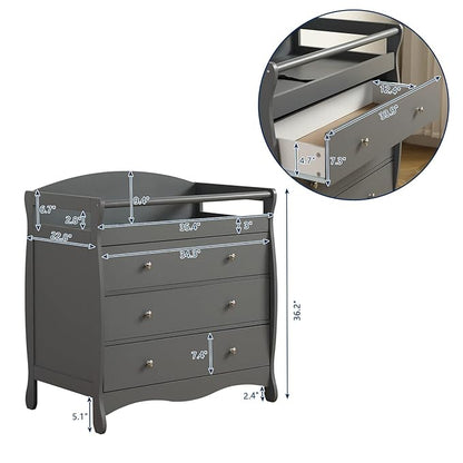 Karl home Changing Table Dresser Baby Diaper Changing Station Infant Nursing Table with 3 Drawers, Safety Rail & Strap for Bedroom, Nursery, Gray
