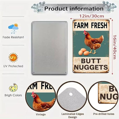 Vintage Metal Signs Chicken Coop Signs for Farm Yard Decor, Farm Tin Signs for Home Kitchen Outdoor Decor, Fresh Butt Nuggets 12x16 inches