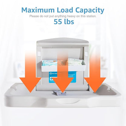 Baby Changing Station Wall Mounted Baby Changing Table Foldable Diaper Changing Unit Commercial Restrooms Horizontal HDPE Meterial with Safrty Strap White Gray