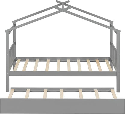 Harper & Bright Designs Twin House Bed for Kids, Wood Platform Bed with Trundle, Montessori Bed with Roof, Playhouse Trundle Beds for Kids,Teens, Bedroom, Gray