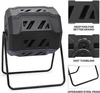 MoNiBloom 43 Gallon Compost Tumbler, Outdoor BPA Free Large Dual Chamber Tumbling Compost Bin All-Season Fast Working Tumbling Composter, High Volume Composter with 2 Sliding Doors