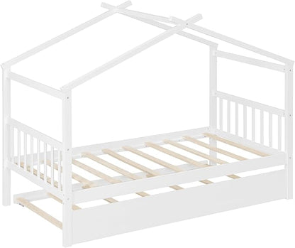 Harper & Bright Designs Twin House Bed for Kids, Wood Platform Bed with Trundle, Montessori Bed with Roof, Playhouse Trundle Beds for Kids,Teens, Bedroom, White