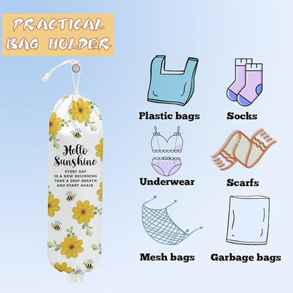Flower Plastic Bag Holder, Wall Mount Grocery Bag Holder, Plastic Storage bag, Flowers Storage Organizer Grocery Bags, Pull Rope Free Adjustment, Bee Gifts for Women Mom Grandma