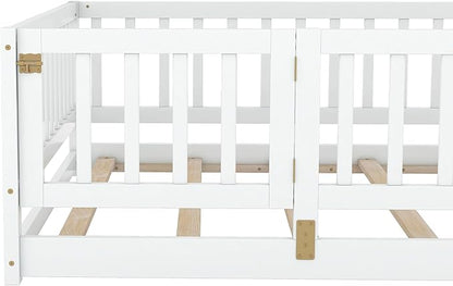 Full Size Floor Bed Frame with Door and Slats,Montessori Floor Bed with Safety Guardrails for Girls Boys,Solid Wood Kids Montessori Bed Full Size,White