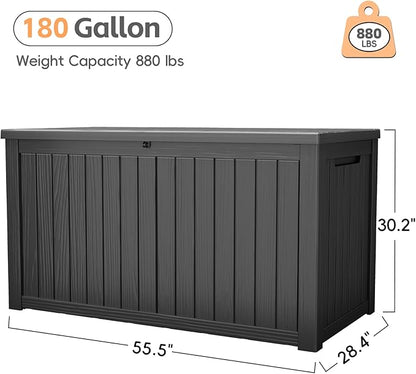 Outdoor Storage Box, 180 Gallon Waterproof Resin Deck Box, Storage Bin for Package Delivery, Patio Furniture Cushion, Garden Tools, Pool Accessories, Weatherproof and UV Resistant, Black