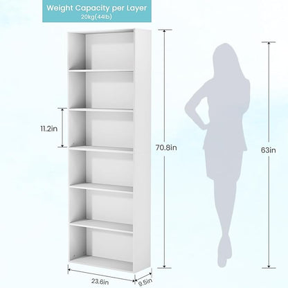 71" Tall Bookcase, 6-Tier Open Display Storage Shelves, Floor Standing Large Book Shelf for Living Room, Home Office, Bed Room, White