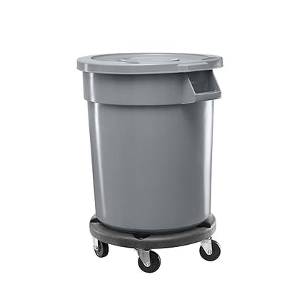 Feed and Seed Storage Container, 55 Gallon Gray Round Commercial Trash Can with Lid and Dolly, Food Storage Plastic Bin, Use in Agricultural, Gardening, or Household