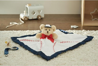Bearington Collection Lil’ Slugger Snuggler Plush Baseball Lovey for Baby - 15 in Plush & Satin Security Blanket - Soft Teddy Bear Infant & Toddler Baseball Baby Blanket for Napping
