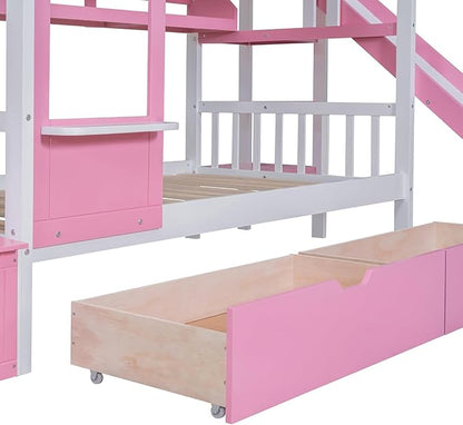 MERITLINE Twin Over Twin Castle Bunk Bed with Slide,Stairs and Drawers,Solid Wood Floor House Princess Bunk Bed with Storage Shelves (Pink)