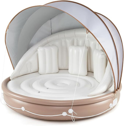 Moccha Inflatable Island with Canopy - 440 lbs Party Floats with SPF50+ Retractable Detachable Sunshade & 3 Pillows, 2-3 Person Tanning Lounger, 73” Pool Daybed, Floating Island for Lake