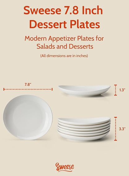 Sweese Porcelain 7.8 Inch Dessert Plates Set of 6 - White Salad Plates, Appetizer Plates, Small Plates - Dishwasher, Microwave, Oven Safe, Smooth Glaze, Scratch Resistant