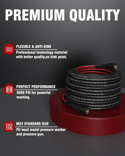 Flexible Pressure Washer Hose 50 FT, 3600 PSI Kink Resistant Power Washer Hose Replacement, 1/4" electric Washer Hose Extension With M22 x 3/8" Quick Connector