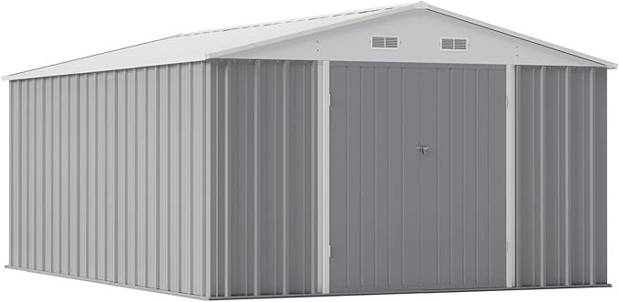 Greesum 10×14 FT Outdoor Storage Shed, Metal Storaged Sheds Without Floor, Tool Sheds with Lockable Doors and Sloping Roof for Garden, Patio, Backyard, Gray