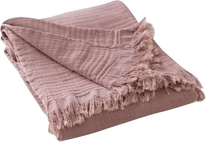 Simple&Opulence Cotton Muslin Throw Blanket for Bed, Couch, Knit Woven Gauze Blanket with Tassels, Soft Lightweight Cozy Pre-Washed Breathable Farmhouse Decoration for All-Season (Dusty Rose)