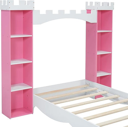 Castle-Shaped Wooden Platform Bed with Storage Shelf, Dreamy Twin Size Kids Platform Bed for Girls Boys Bedroom, Sturdy Slats Support (Pink+White Castle)