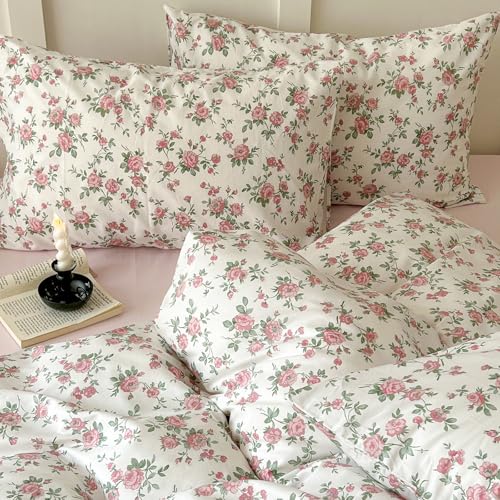 Vintage Flower Comforter Set Queen Girls Cute Pink Floral Bedding Comforter Lightweight Soft Cottagecore Bedding Set Botanical Rose Flowers Print Farmhouse Comforter with 2 Pillowcases
