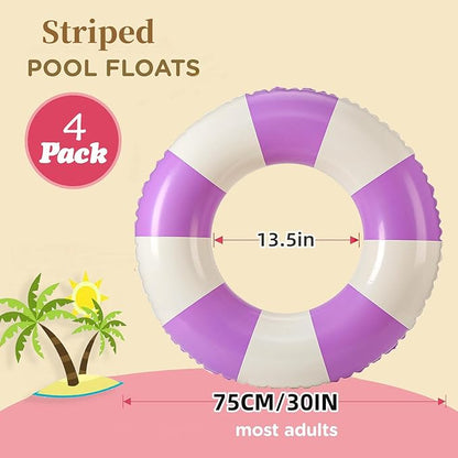4PCS Floats for Adults Rings Striped Pool Float Large Swim Ring for Adults,30 Inch Classic Striped Teens Adult Inner Tubes Summer Beach Bachelorette Party