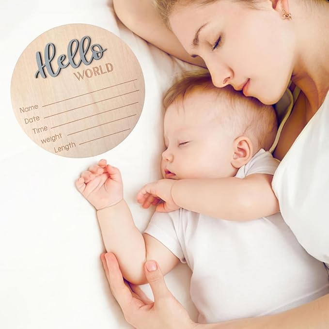 Baby Announcement Sign, 5.9 Inch Wooden Hello World Newborn Signs, Birth Announcement Sign, Baby Shower Hospital Nursery for Newborn Boys and Girls (Gray)