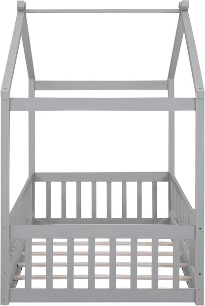 Merax Twin Size Wooden House Bed with Fence, Wood Bed Frame with Roof and Safety Guardrail for Kids, Teens, Boys or Girls, Gray