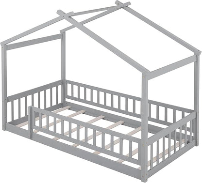 Merax Twin Size Wooden House Bed with Fence, Wood Bed Frame with Roof and Safety Guardrail for Kids, Teens, Boys or Girls, Gray