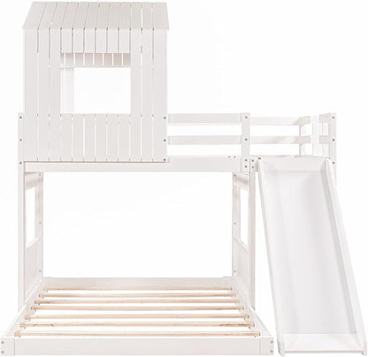 MERITLINE House Bed Bunk Beds with Slide Twin Over Full Size Bunk Bed Frame with Slide,Wooden Playhouse - Design Slide Bunk Beds Twin Over Full Bunk for Boys and Girls