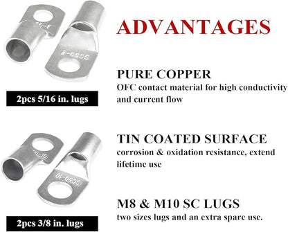 2 Gauge Battery Welding Cable (Red, 5 Feet) - Copper Clad Aluminum Power Wire with SC Cable Lug Ends in M8 & M10 Lugs for Car, Camper, RV, Solar Low Voltage Wiring