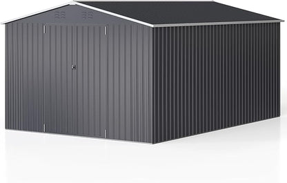 WKM 10x14 FT Outdoor Storage Shed, Utility Metal Tool Storage with Lockable Doors and Updated Frame Structure, Metal Garden Shed for Backyard, Patio Lawn, Black