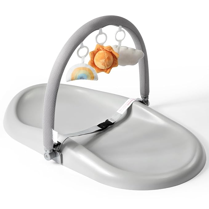 Wipe-Clean Baby Changing Pad, Waterproof Durable PU Pad, Soft & Non-Slip Safety Belt & Hanging Toys, Easy to Adjust & Removable Bar, Gray