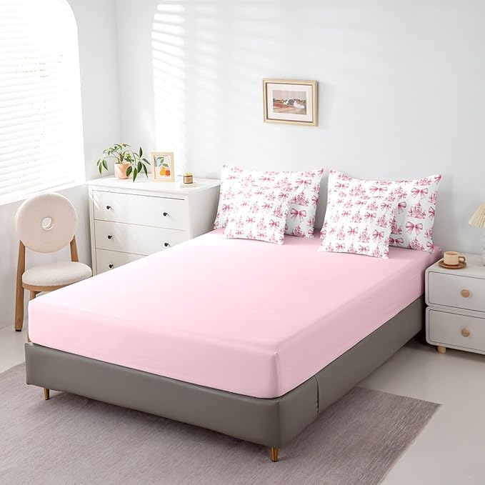 7 Pieces Pink Bowknot Kids Comforter Queen,Castle Tale Princess Toddler Bedding Set,Bow Tie Butterfly Knot Girlish Romantic Fashion（Comforter+Fitted+Flat Sheet+2 Pillowcases+2 Throw Pillow Covers）