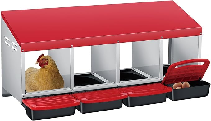 Chicken Nesting Boxes, Metal Rollaway Chicken Nest Box with Rollout Egg Collection, Removable Tray & Nesting Pads, Egg Laying Box for Chicken Coop Hens, Wall Mount or Standing, 4 Compartments, Red