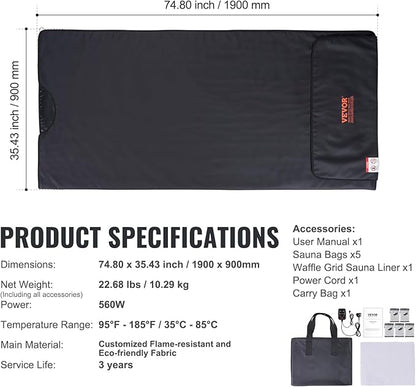 VEVOR Sauna Blanket for Detoxification, Portable Far Infrared Sauna for Home, PU Sauna Bag w/Therapy Stones & Carbon Fiber Heating, 1-6 Level Adjustable Temp 95-185℉, 1-60 Minutes Timer, 75 x 35in