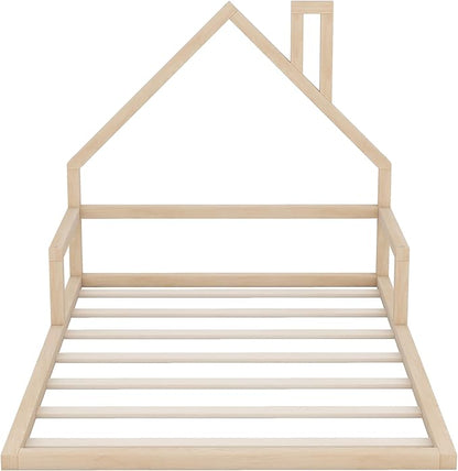 Harper & Bright Designs Full Size House Floor Bed, Montessori Floor Bed for Kids, Solid Wood Low Bed Frame for Bedroom, Playroom, Wooden Slats Support, Natural