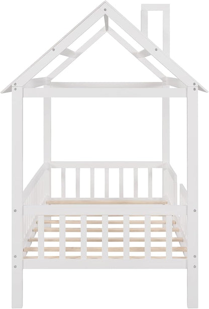 Bellemave Twin House BedFrame with Roof, Montessori Floor Bed, House Bed with Rails for Kids, White