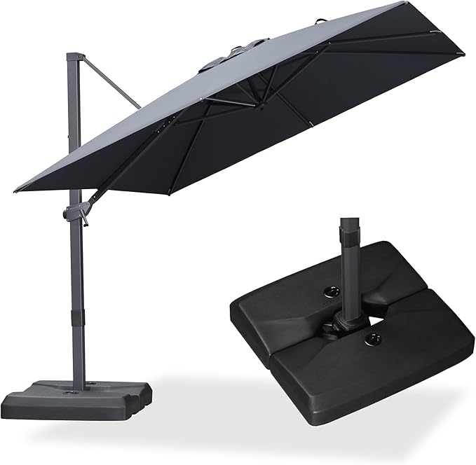 PURPLE LEAF 9' × 9' Patio Cantilever Umbrella with Base Outdoor Square Adjustable Offset Umbrellas with 360-degree Rotation and 8 Heavy Duty Metal Ribs for Garden Deck Pool Grey