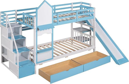 MERITLINE Twin Over Twin Castle Bunk Bed with Slide,Stairs and Drawers,Solid Wood Floor House Princess Bunk Bed with Storage Shelves (Blue)