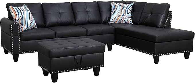 Osparple L Shaped Couch Faux Leather Sectional Couch Upholstered 3 Pieces Sofas for Living Room with Chaise, Ottoman with Storage for Office and Small Apartment, Graceful Black